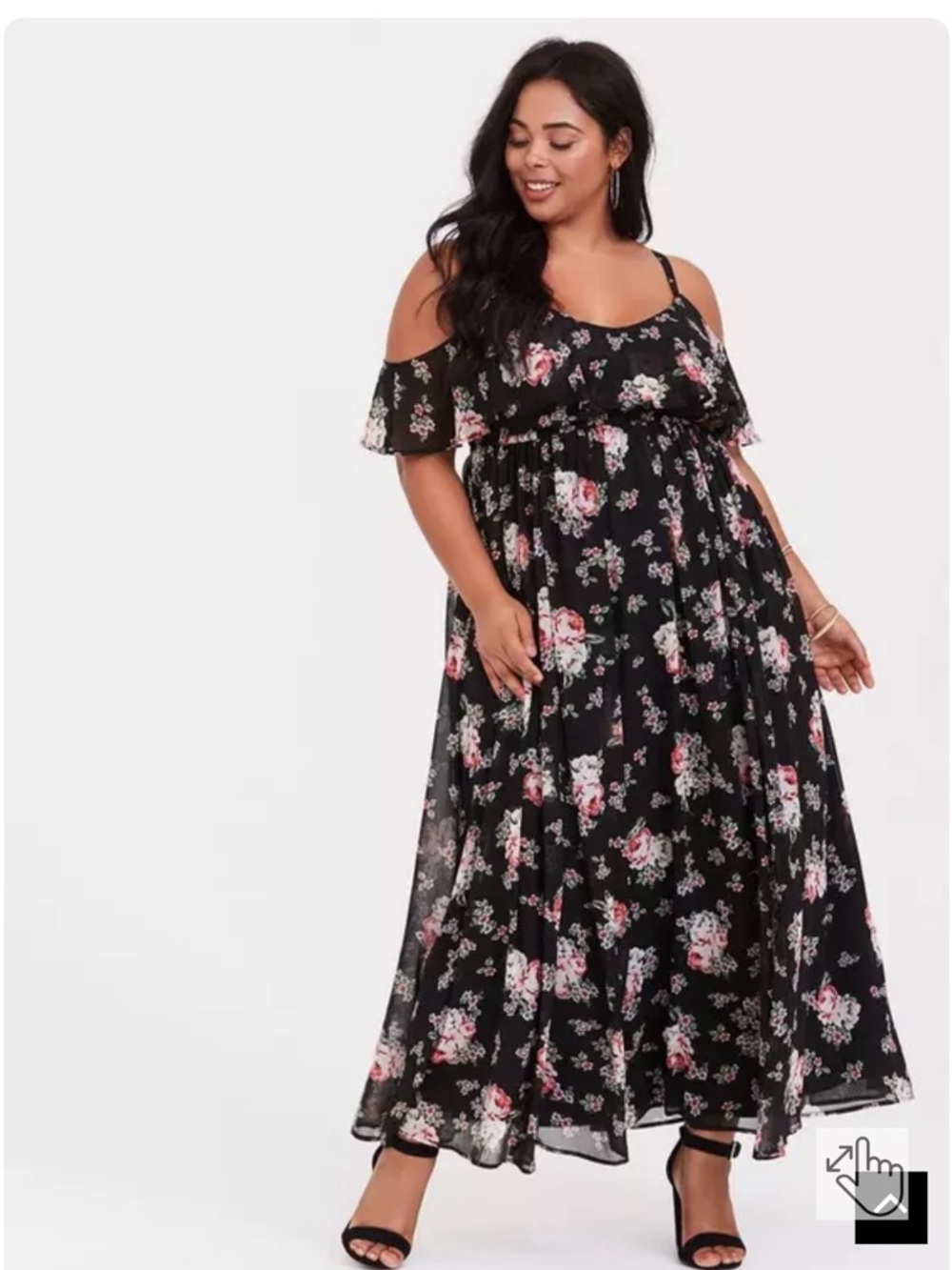 Torrid Black Floral Cold-Shoulder Maxi Dress with Pink & White Blooms
